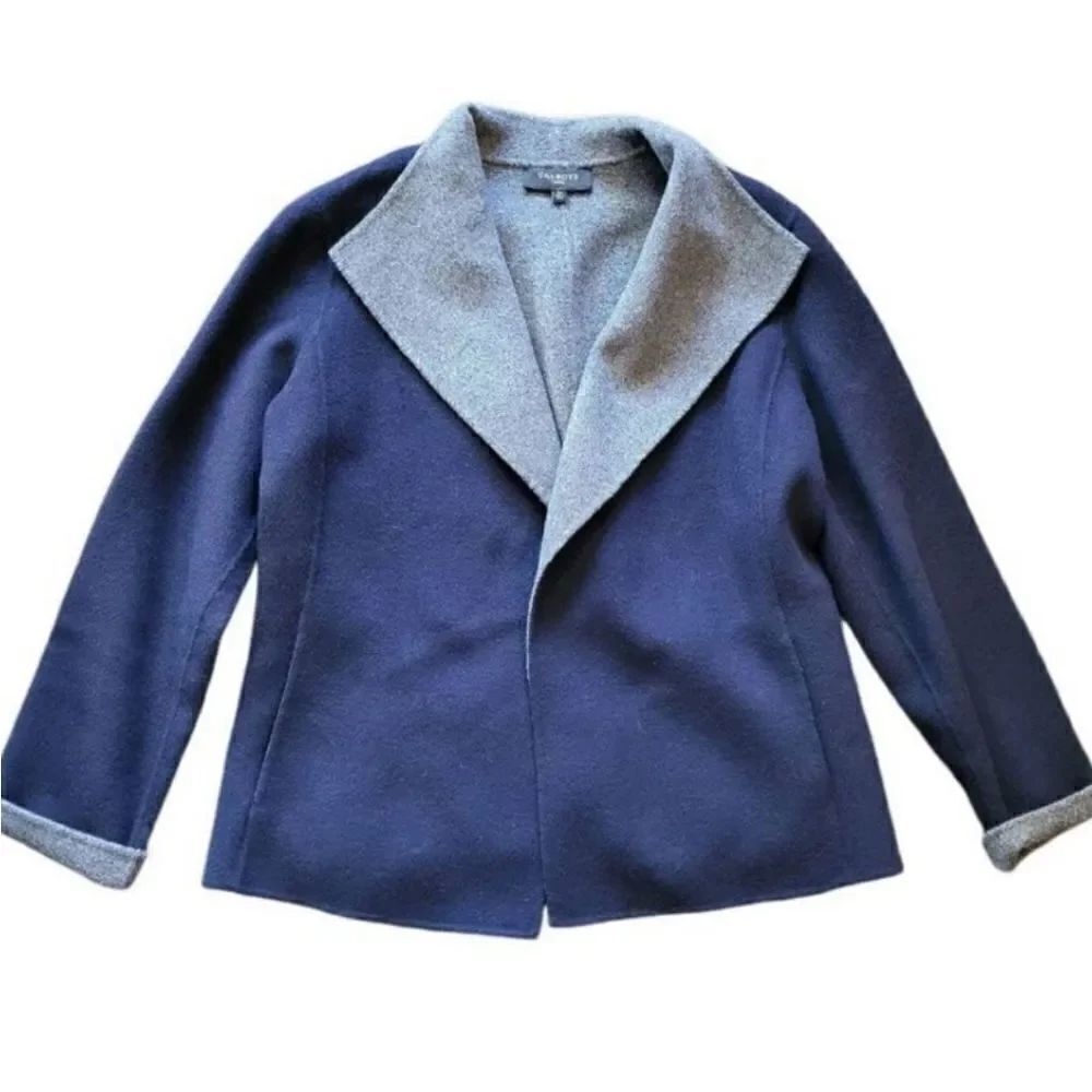 Talbots Jacket Women's Large Petite Blue Gray Double Faced Felted Wool Cozy Open